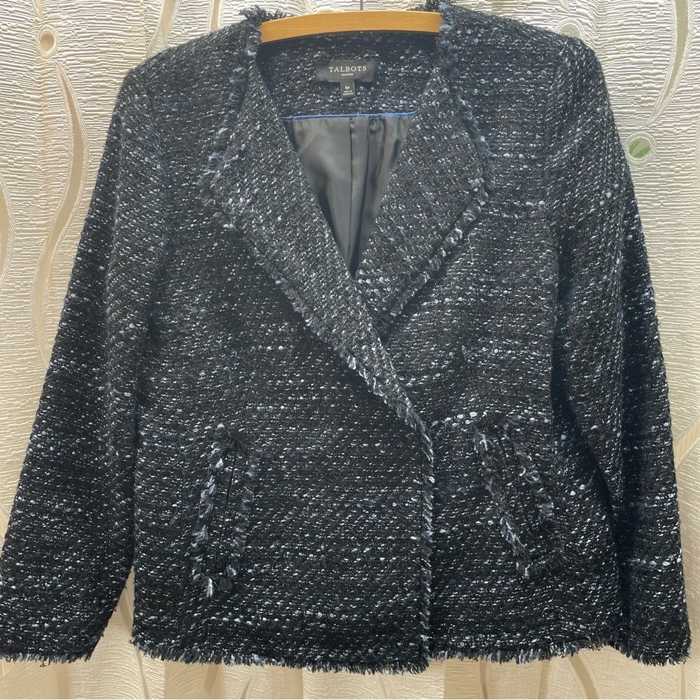 Talbots Tweed Blazer Womens 8P Navy Black Metallic Fringe Double‎ Breasted